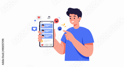 Young man happily engaging with his smartphone, experiencing social media interaction with messages, likes, and expressive emojis. Digital communication and online connection.