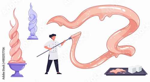 Skilled confectioner expertly crafts intricate pulled sugar art and decorative candies, showcasing the sweet and delicate process.