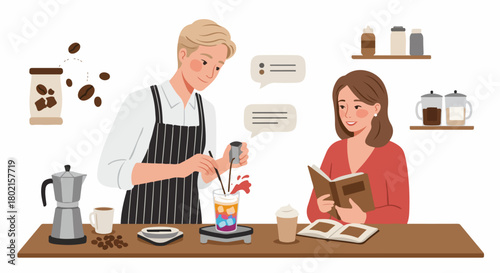 Barista crafting a vibrant iced coffee for a customer reading a book, showcasing a modern coffee shop experience with fresh ingredients and delightful beverages.