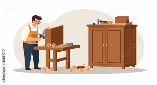 A skilled craftsman meticulously saws wood at his workbench, surrounded by traditional tools and wood shavings, creating fine furniture in his carpentry workshop.