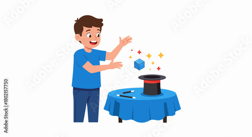 Young Boy Performing a Magic Trick with a Levitating Cube and Top Hat, Illustrating Wonder and Entertainment
