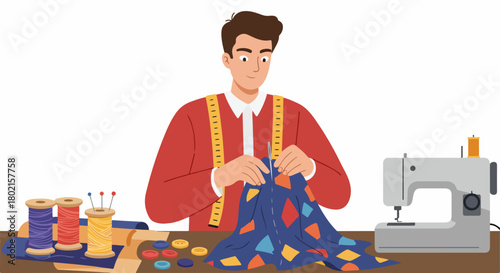 Male tailor or seamster hand-stitching fabric at a workbench, surrounded by sewing supplies and a machine, showcasing crafting and fashion design.