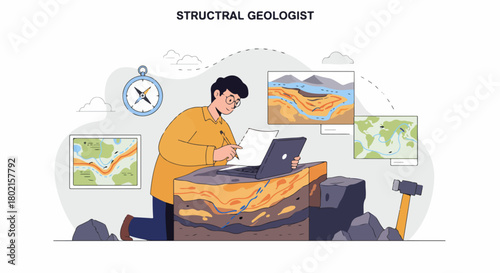 Structural Geologist Analyzing Earth Layers and Geological Data with Laptop and Maps