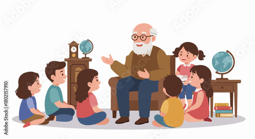 Grandfather telling stories to children, fostering learning and intergenerational connection in a cozy, educational setting with globes and books.