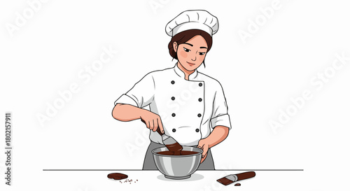 Female pastry chef mixing rich chocolate batter in a bowl, preparing delicious desserts and sweets, illustration.