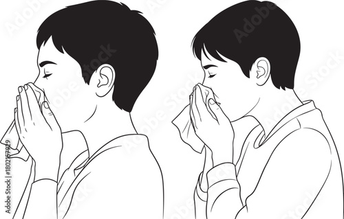 Two men blowing their noses in silhouette