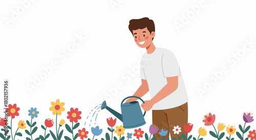 Smiling young man watering vibrant garden flowers with a blue can, illustrating gardening and plant care.