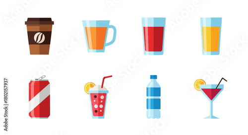 Colorful beverage icons: coffee, juice, soda, and cocktail in flat design