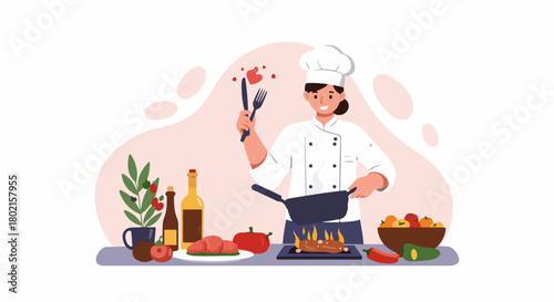 Joyful Female Chef Preparing a Delicious Meal with Fresh Ingredients in a Modern Kitchen Setting, Showcasing Culinary Passion and Expertise.