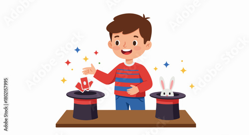 Young boy performing a magic trick with a rabbit appearing from a hat and playing cards, surrounded by colorful sparkles. Childhood entertainment and illusion.