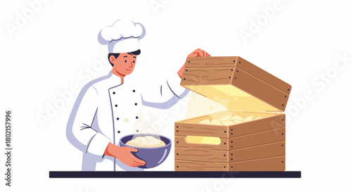 Professional chef opening a glowing wooden crate filled with fresh, hot pastries while holding a bowl of dough, illustrating culinary preparation.