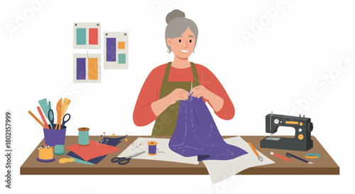 Smiling senior woman engaged in hand sewing, surrounded by a complete array of crafting tools and a sewing machine, illustrating a creative hobby.