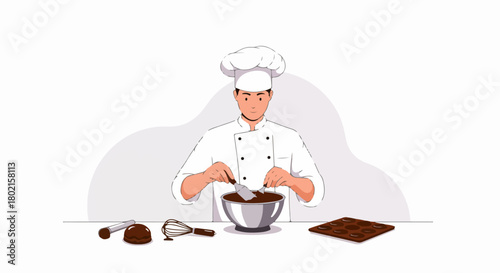 Professional chef mixing melted chocolate in a bowl, preparing delicious homemade desserts and confections with baking tools on a clean white background.