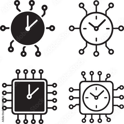 Isolated Clock Circuit Icon Set, solid black clock icon, tech time schedule symbol, clean circuit lines, minimal outline filled thin stroke vector design, smart timer icon buyers