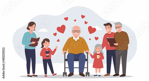 Multigenerational family showing love and care for an elderly grandfather in a wheelchair, surrounded by hearts, symbolizing support and happiness.