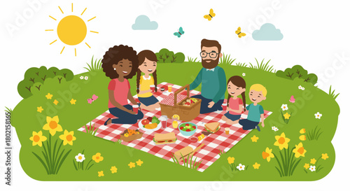 Happy diverse family enjoying a sunny spring picnic outdoors in a green park with flowers and butterflies.