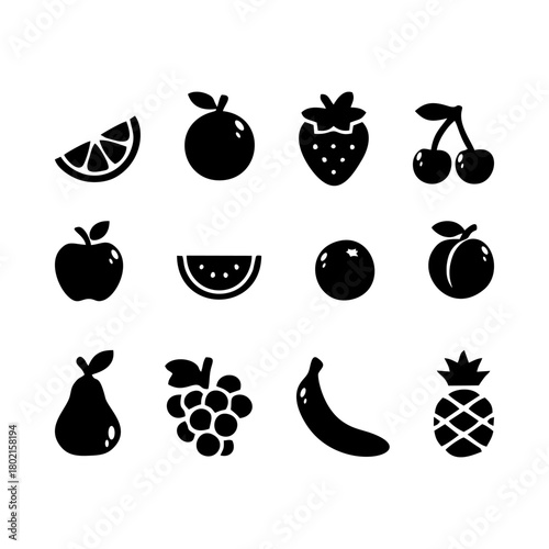 The fruit vacvtor icon set features a variety of fruit silhouettes.