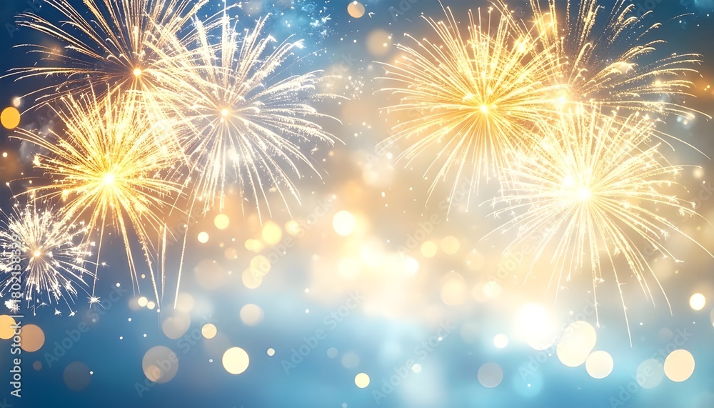 Fototapeta premium Festive Fireworks Display Celebrating Moments with a Burst of Golden and White Sparkles Against a Blue Background