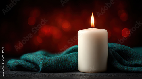 Glowing candle with warm flame sits on dark surface, surrounded by green fabric, evoking cozy Christmas and New Year ambiance