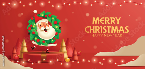 Santa with Christmas Wreath on Red Festive Background