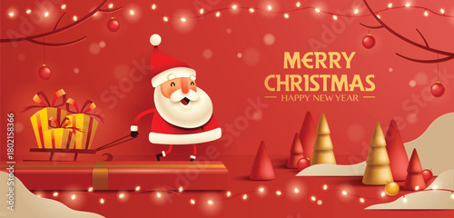 Santa Pulling Sled Filled with Christmas Gifts on Red Festive Background