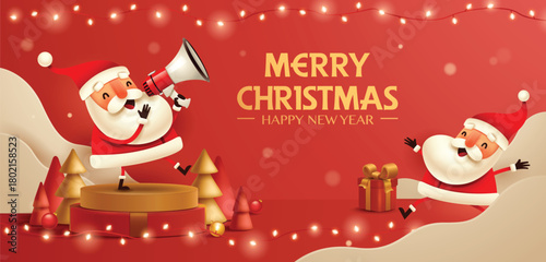 Santa Announcing Christmas Message with Megaphone on Red Festive Background