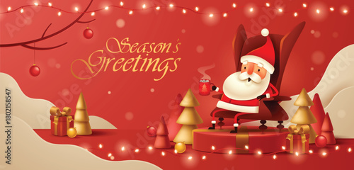 Santa Relaxing on Armchair with Hot Drink on Christmas Festive Red Background