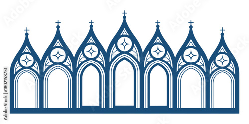 Gothic cathedral window, an elegant blue vector silhouette of a large gothic church or cathedral window, perfect for historical book covers, wedding invitations, religious artwork, and decorative