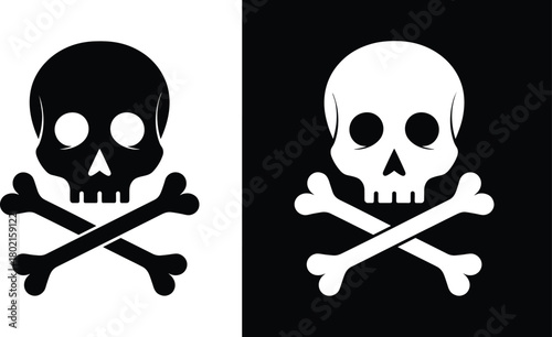 Dual contrasting skull and crossbones symbols representing danger, toxicity, piracy, and warning signs in bold black and white graphic style