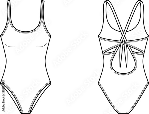 One-piece swimsuit technical sketch, front and back view, scoop neckline, crisscross straps, back cutout detail, fashion flat, garment construction, vector illustration