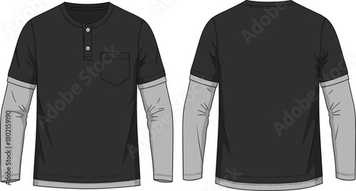 Modern layered long-sleeve Henley shirt design with contrasting colors, front pocket detail, buttoned placket, and full front-and-back technical illustration