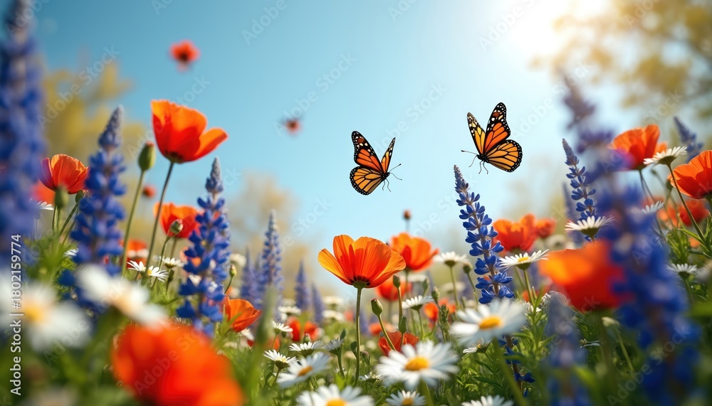 Obraz premium Monarch butterflies fly over vibrant wildflowers like poppies and daisies. Blue lupine blooms in a sunny meadow. Rich green grass surrounds colorful blossoms. Peaceful nature scene.