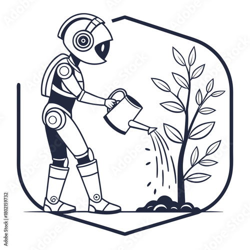 Robot watering a plant, isolated on, for environmental concept