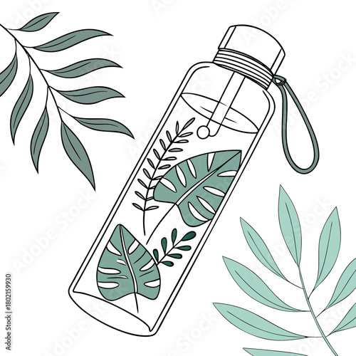 Infused water bottle with tropical leaves isolated on