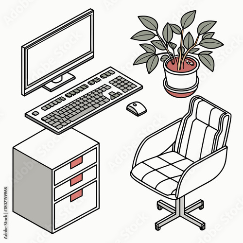 Isometric office workplace with computer, chair, and plant isolated on