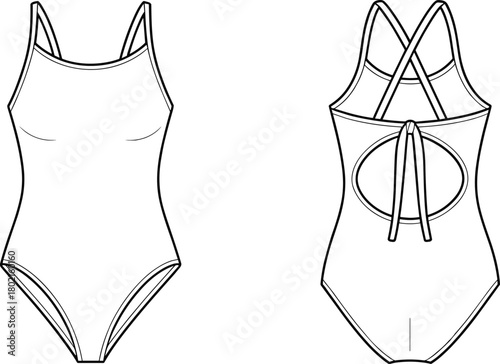 One-piece swimsuit technical sketch, front and back view, scoop neckline, crisscross straps, back cutout, fashion flat, garment construction, vector illustration