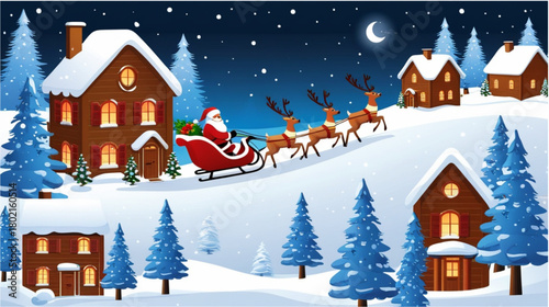 A festive and wintry night scene shows Santa Claus in his sleigh, pulled by reindeer, soaring over a snow-covered village. Cozy wooden houses with glowing windows are nestled among snowy pine trees 