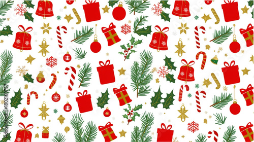 This is a seamless pattern vector illustration featuring various Christmas and holiday icons arranged in a repeating grid on a white background. The elements include green pine tree branches (fir), 