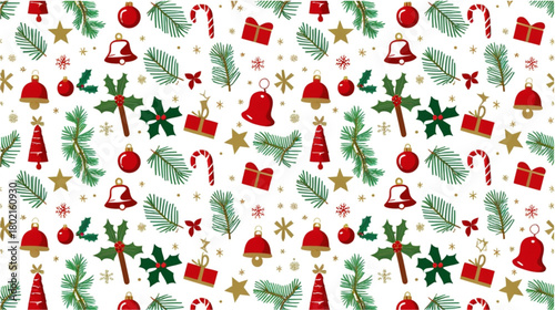 This is a seamless pattern vector illustration featuring various Christmas and holiday icons arranged in a repeating grid on a white background. The elements include green pine tree branches (fir), 