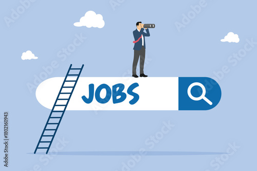 Looking for new job, employment, career or job search, find opportunity, seek for vacancy or work position concept, businessman climb up ladder of job search bar with binoculars to see opportunity.