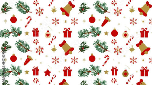 This is a seamless pattern vector illustration featuring various Christmas and holiday icons arranged in a repeating grid on a white background. The elements include green pine tree branches (fir)