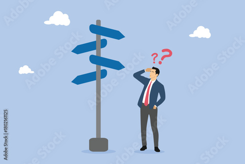 Business decision making, career path, work direction or choose the right way to success concept, confusing businessman looking at multiple road sign with question mark and thinking which way to go.
