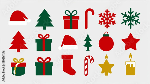 This is a flat design vector illustration set of various Christmas icons and elements. The collection features several stylized Christmas trees in green and red, some with a star topper. 