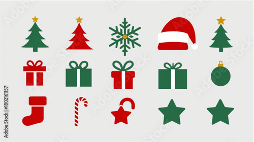 This is a flat design vector illustration set of various Christmas icons and elements. The collection features several stylized Christmas trees in green and red, some with a star topper. 