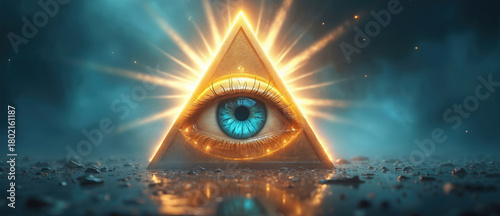 Glowing eye inside golden pyramid on textured surface. Eye shines brightly. Concept for occult, conspiracy theories, illuminati, spiritual awakening. Vision, mystery, powerful energy. Mystic concept