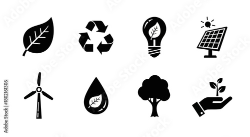 Eco-friendly icons set featuring renewable energy and sustainability symbols