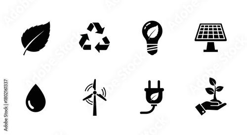 Set of eco-friendly icons representing sustainability and renewable energy