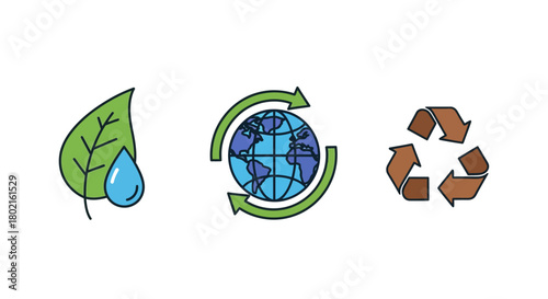 Eco-friendly icons: sustainability, recycle, green energy symbols