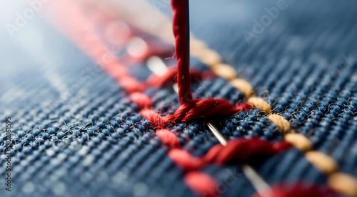 Macro stitching process on denim fabric with red thread, close-up sewing craftsmanship creating