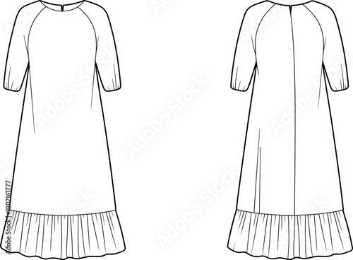 Raglan sleeve dress flat sketch, flounce hem midi dress technical drawing, loose fit fashion template, vector clothing design for sewing pattern illustration